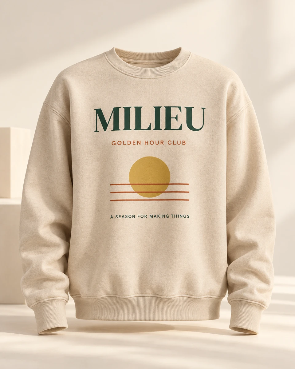 Golden Hour Crewneck in Sand, illustrative design preview