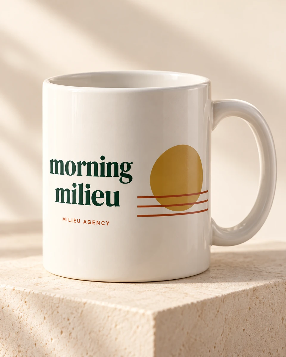 Morning Milieu Mug in White, illustrative design preview