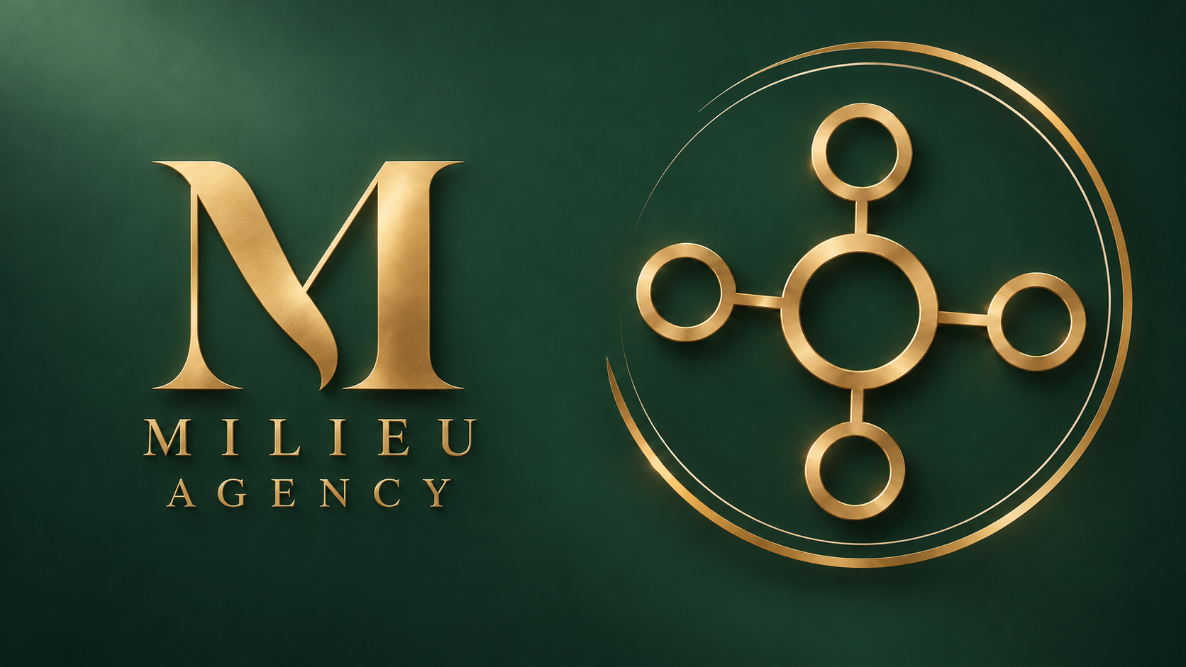 The gold Milieu Agency monogram and wordmark beside connected gold nodes on a forest-green background.